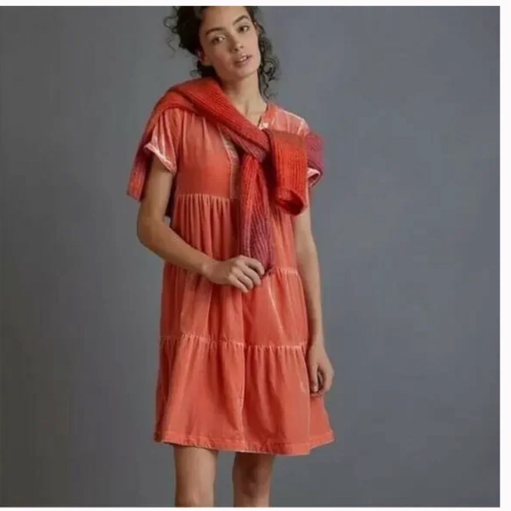 Maeve by Anthropologie Harper Velvet Mini Tunic Dress in Dried Coral Size M NWT